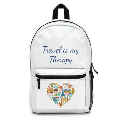 Travel is My Therapy White Backpack