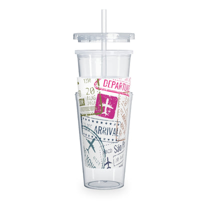 Pink Passport Stamps Plastic Tumbler with Straw