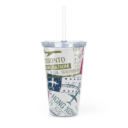 Pink Passport Stamps Plastic Tumbler with Straw